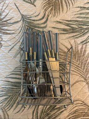 Blue Handle Stainless Steel Flatware Set with Rack